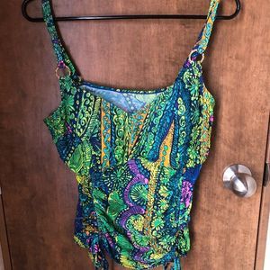 Bohemian Tribal Print Shirred Molded Cup Tankini Top w/Good Ring Strap Hooks EUC